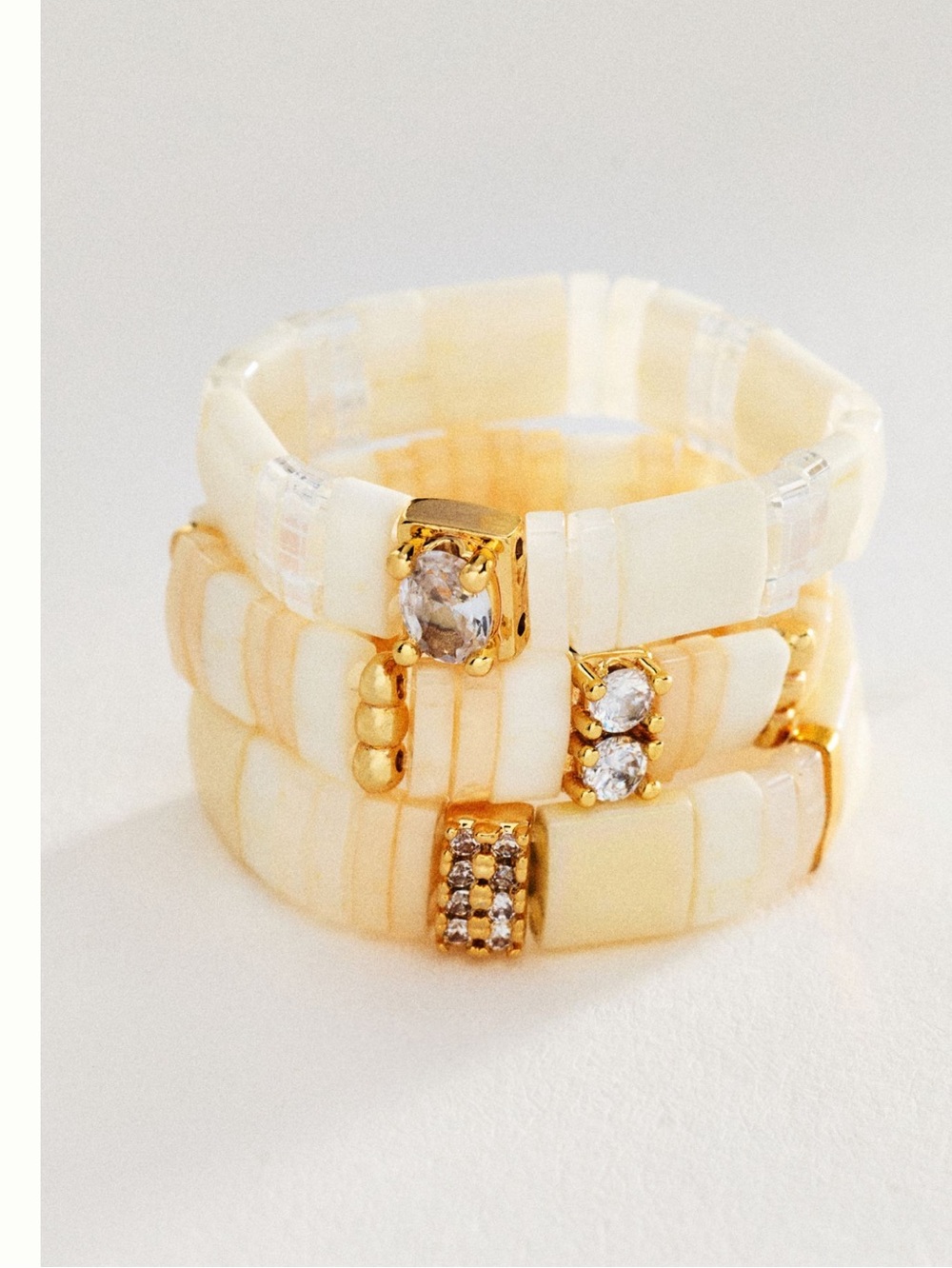 Anthropologie Beaded Chicklet Rings Stretchy 14KT Gold New Set of 3 Ivory Pearl
